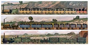Vroege spoorwegkoetsen, de Liverpool en Manchester Railway, Engeland, 1831, ca. 1900-1920