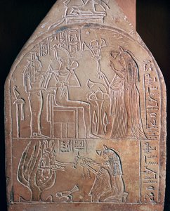 Egyptisch detail van de grafstèle van een zanger in de tempel van Amon