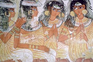 Egyptische muurschildering van muzikanten op een banket