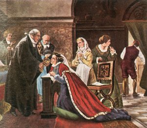 Keurvorstin Elisabeth neemt communie na de protestantse dienst, 1936