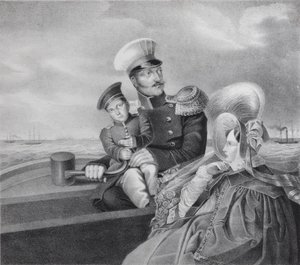 Keizer Nicolaas I en Keizerin Alexandra Fjodorovna met zoon Konstantin Nikolaevich op een Boottocht door Unbekannt