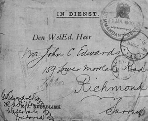 Envelop geadresseerd door Kleur-Sergeant Edwards, 2e Royal Irish Rifles, 1900