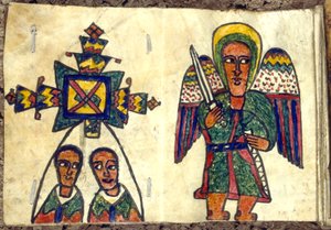 Ethiopisch gebedenboek met een engel met een zwaard en twee mannen, mogelijk priesters, 19e eeuw