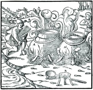 Zeewater verdampen in ijzeren potten om zout te verkrijgen, 1556