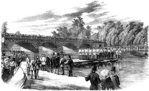 Experimenten met Kapitein Fowkes Pontonbrug op de Serpentine, Hyde Park, Londen, 1860