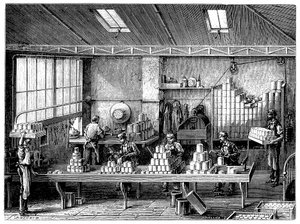Vullen en solderen van voedselblikken, Frankrijk, c1870