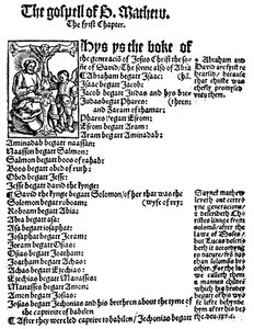 Eerste pagina van het Evangelie van Mattheüs uit William Tyndales Engelse Nieuwe Testament, 1525