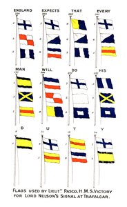 Vlaggen gebruikt voor Nelsons beroemde signaal bij de Slag bij Trafalgar, 1805