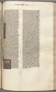 Fol. 353r, Joel, gehistorieerde initiaal V, Joel zittend met een rol, buste van God erboven, c. 1275-1300