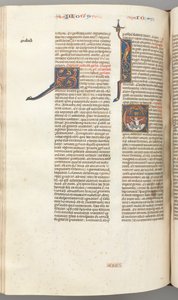 Fol. 357v, Jona, gehistorieerde initiaal E, Jona opgeslokt door de walvis, een ommuurde stad erboven door Unbekannt