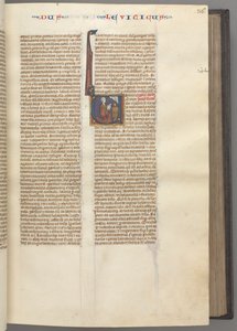 Fol. 36r, Leviticus, gehistorieerde initiaal V, Mozes die een offerlam op een altaar offert, ca. 1275