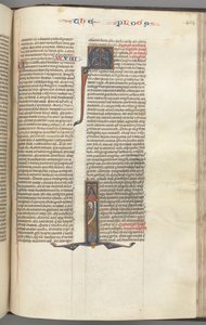 Fol. 404r, Mark, gehistorieerde initiaal I, Mark staande met een rol, c. 1275-1300 door Unbekannt