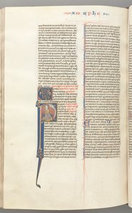 Fol. 450v, Efeziërs, gehistorieerde initiaal P, Paulus zittend met een zwaard, de buste van God erboven, ca. 127 door Unbekannt