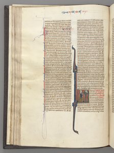 Fol. 46v, Numeri, gehistorieerde initiaal L, Mozes met hoorns, knielend voor God, ca. 1275-1300 door Unbekannt