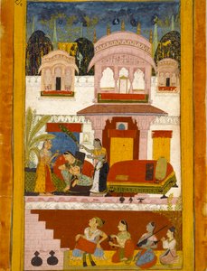 Verlaten Dame met Dienstmeiden, Illustratie van de Muzikale Modus Patamanjari Ragini, 1695-1700 door Unbekannt