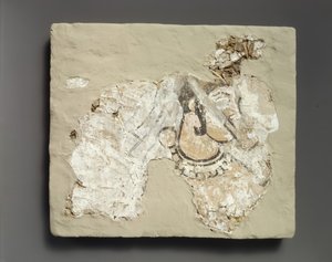 Fragment van muurschildering: vrouw met mondbedekking padam, ca. 7e eeuw n.Chr.