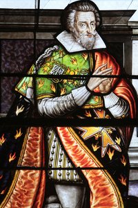 François de la Grange. Detail van glas-in-loodraam van de Tenhemelopneming van de Maagd, Bourges, Frankrijk door Unbekannt