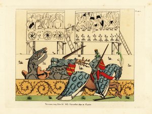 Franse ridder Jean de Saintre in helm met distelkam verslaat de Spaanse ridder Enguerrant in helm met hertenkam in een steekspel uit het manuscript Histoire de Petit Jehan de Saintre, laat 15e eeuw door Unbekannt