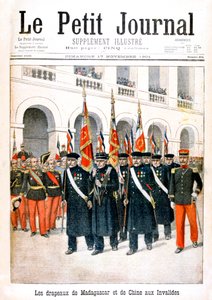 Franse oorlogsveteranen dragen vlaggen van de Madagaskar- en China-campagnes, 1901