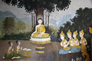 Fresco dat een scène uit het leven van de Boeddha afbeeldt in Wat Phra Doi Suthep, Chiang Mai. Boeddha ontvangt aalmoezen. Thailand