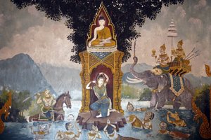 Fresco dat een scène uit het leven van de Boeddha toont in Wat Phra Doi Suthep, Chiang Mai. Phra Mae Thorani wringt haar lange haar uit en stortvloed van water creëert een overstroming, Thailand