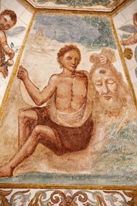 Fresco in Dominicanenkerk, Muro Leccese, Apulië: man die het hoofd van Sint-Jan de Doper vasthoudt, Muro Leccese, Italië