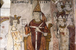 Fresco van de Ferrande Toren in Pernes-les-Fontaines (Pernes les Fontaines, Vaucluse (84)) uit de 13e eeuw: Karel I van Anjou (1226-1285) werd op 28/06/1265 door paus Clemens IV (ca. 1195-1268) geïnvesteerd in het Koninkrijk Sicilië. door Unbekannt