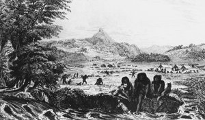 Fuegians bij Woollya, met het kamp van de Fitzroy-expeditie op de achtergrond, 1831