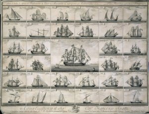 Gravure van de oorlogsschepen en koopvaardijschepen die in de Middellandse Zee voeren