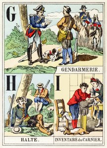 G H I: Gendarmerie, Halte, Inventaris van de buit - Het Jachtalfabet, ca. 1890 (gravure) door Unbekannt