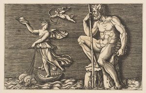 Galatea ontsnapt aan Polyphemus, hij zit op een rots met een staf en pijpen, ca. 1515-1600