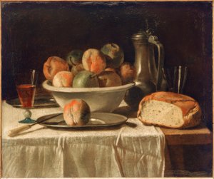 Gedekte tafel met fruitschaal en tinnen kan