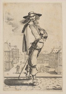 Heer met een zwaard voor enkele gebouwen