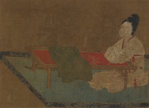 Meisje zittend bij een borduurraam, Ming-dynastie, 15e eeuw