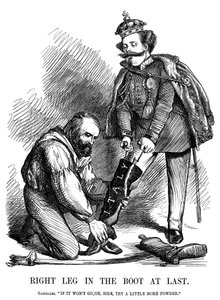 Giuseppe Garibaldi helpt Victor Emmanuel II de laars van Italië aan te trekken