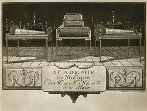 Glasharmonicas en toetsenbordklokken, gravure uit de eerste helft van de negentiende eeuw