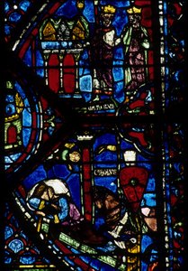 Gotische architectuur. Geschiedenis van Karel de Grote (detail): Karel de Grote ontvangt 3 jachten (boven) en Visie van Constantijn (I, keizer Byzantijns). Glas-in-lood van de noordelijke omgang, absidaal. Kathedraal van Chartres. door Unbekannt