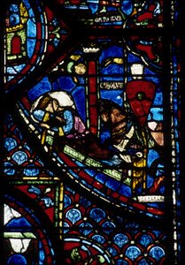Gotische architectuur. Histoire de Charlemagne (detail): Visioen van Constantijn. Glas-in-lood van de noordelijke omgang, absidaal. Kathedraal van Chartres. door Unbekannt