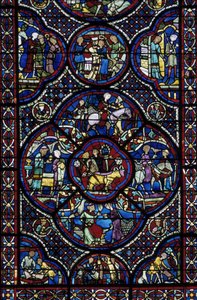 Gotische kunst: het leven van het wonderkind. Glas-in-lood van de ommegang van de Kathedraal Saint Etienne de Bourges (Loir et Cher) door Unbekannt