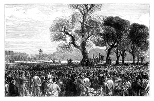 Grote demonstratie bij de Reformers Tree in Hyde Park, Londen, midden 19e eeuw