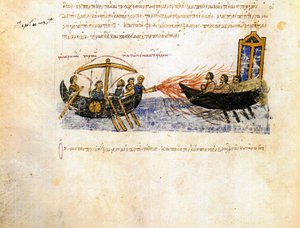 Grieks vuur. Miniatuur uit de Madrid Skylitzes, 11e-12e eeuw
