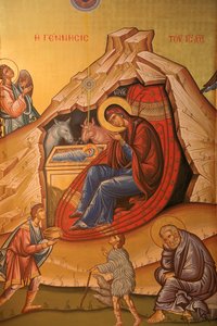 Grieks-orthodoxe icoon die de geboorte van Christus afbeeldt, Thessaloniki, Griekenland