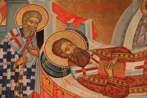 Grieks-orthodoxe icoon die het overlijden (dormitie) van Sint Gregorius Palamas afbeeldt, Thessaloniki, Griekenland