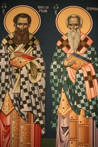 Grieks-orthodoxe icoon die Sint Vissarion en Sint Epiphanos afbeeldt, Thessaloniki, Griekenland