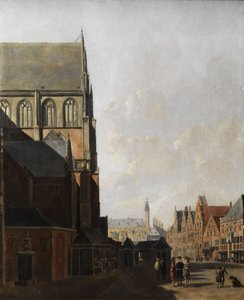 Haarlem, stadsgezicht (Stadskerk en Marktplein) door Unbekannt