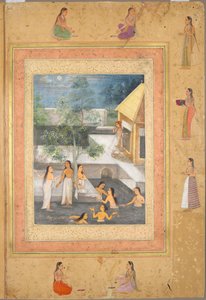 Harem Nacht-Badscène (recto: Kalligrafie omgeven door een decoratieve rand) door Unbekannt