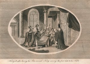 Hendrik II, nadat hij zijn zoon tot koning had gekroond, serveert het eerste gerecht aan zijn tafel, 1170, 1793 door Unbekannt