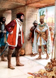 Hernan Cortes ontmoet de Azteekse keizer Montezuma door Unbekannt