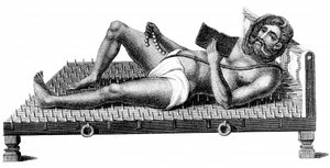 Hindoe filosoof Pararum Soatuntre Perkasanund liggend op een bed van ijzeren spikes, 1811