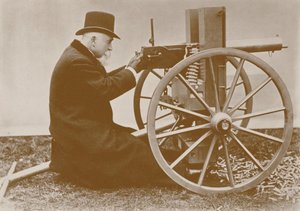 Hiram Maxim 1840-1916 presenteert het eerste automatische machinegeweer, 1884